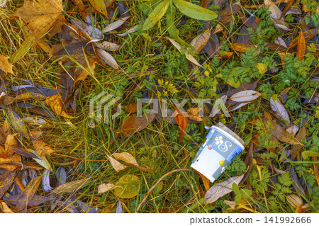 Disposable paper cup lying on damp autumn grass with yellow leaves and green clover Disposable paper cup lying on damp autumn grass with yellow leaves and green clover 141992666