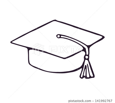 Hand drawn graduation cap with tassel doodle illustration isolated on white background 141992767