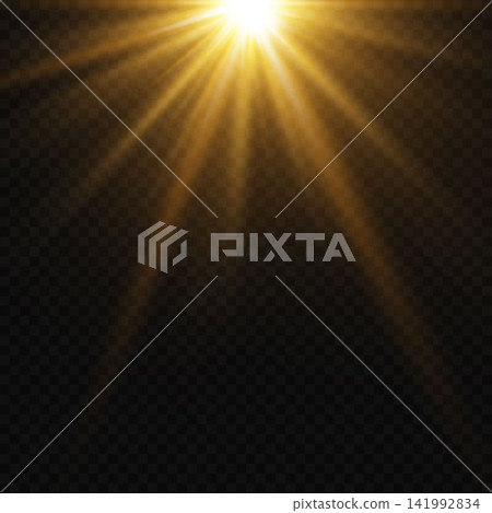 Golden sun light rays or lens flare effect shining bright on dark transparent background Golden sun light rays or lens flare effect shining bright on dark transparent background 141992834