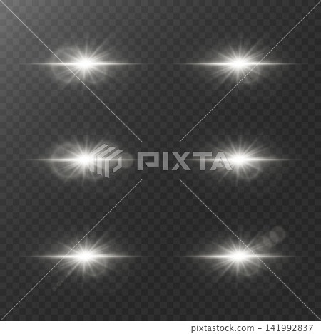 Set of white glowing lens flares and starbursts creating bright illumination effects Set of white glowing lens flares and starbursts creating bright illumination effects 141992837
