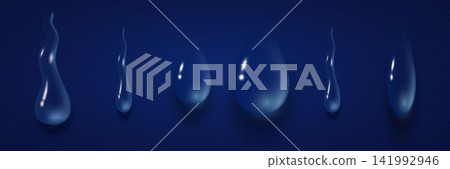 Clear liquid drops flowing on a dark blue background with light reflections Clear liquid drops flowing on a dark blue background with light reflections 141992946