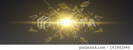 Broken glass fragments flying outwards from a central bright golden light burst Broken glass fragments flying outwards from a central bright golden light burst 141992949