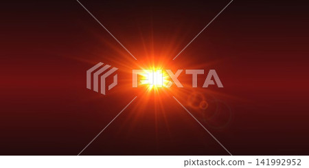 Bright sunburst light shining against a dark red background with glowing lens artifacts Bright sunburst light shining against a dark red background with glowing lens artifacts 141992952
