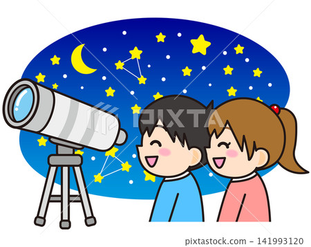 插畫素材5:男孩與女孩觀星 插畫素材5:男孩與女孩觀星 141993120
