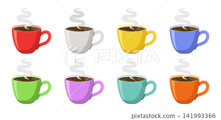 Hot drink cup icon set collection in flat colorful style. Coffee or tea mug with steam vector illustration on isolated background. Healthy beverage sign business concept. Hot drink cup icon set collection in flat colorful style. Coffee or tea mug with steam vector illustration on isolated background. Healthy beverage sign business concept. 141993366