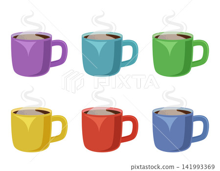 Hot drink cup icon set collection in flat colorful style. Coffee or tea mug with steam vector illustration on isolated background. Healthy beverage sign business concept. Hot drink cup icon set collection in flat colorful style. Coffee or tea mug with steam vector illustration on isolated background. Healthy beverage sign business concept. 141993369