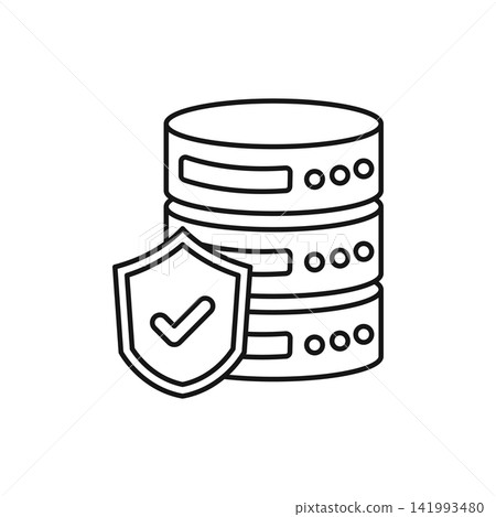 Cloud storage with check mark icon in flat outline stroke style. Server database vector illustration on isolated background. Data center sign business concept. Cloud storage with check mark icon in flat outline stroke style. Server database vector illustration on isolated background. Data center sign business concept. 141993480