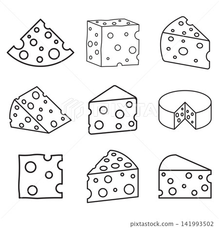 Cheese icon set collection in outline stroke flat style. Swiss cheese vector illustration on isolated background. Dairy product sign business concept. Cheese icon set collection in outline stroke flat style. Swiss cheese vector illustration on isolated background. Dairy product sign business concept. 141993502