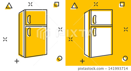 Fridge refrigerator icon in comic style. Freezer container vector cartoon illustration pictogram. Fridge business concept splash effect. Fridge refrigerator icon in comic style. Freezer container vector cartoon illustration pictogram. Fridge business concept splash effect. 141993714