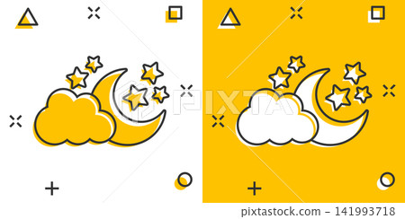 Vector cartoon moon and stars with clods icon in comic style. Nighttime concept illustration pictogram. Cloud, moon business splash effect concept. Vector cartoon moon and stars with clods icon in comic style. Nighttime concept illustration pictogram. Cloud, moon business splash effect concept. 141993718