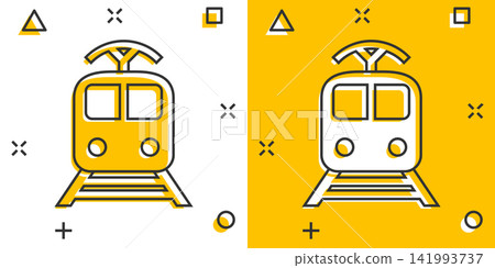 Vector cartoon train transportation icon in comic style. Train sign illustration pictogram. Transportation business splash effect concept. Vector cartoon train transportation icon in comic style. Train sign illustration pictogram. Transportation business splash effect concept. 141993737
