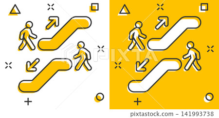 Vector cartoon escalator elevator icon in comic style. Escalator sign illustration pictogram. Elevator business splash effect concept. 141993738