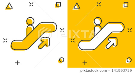 Vector cartoon escalator elevator icon in comic style. Escalator sign illustration pictogram. Elevator business splash effect concept. Vector cartoon escalator elevator icon in comic style. Escalator sign illustration pictogram. Elevator business splash effect concept. 141993739