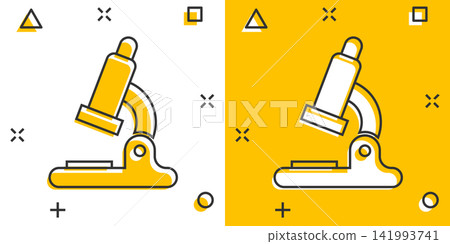 Vector cartoon microscope lab icon in comic style. Microscope sign illustration pictogram. Chemistry discovery business splash effect concept. Vector cartoon microscope lab icon in comic style. Microscope sign illustration pictogram. Chemistry discovery business splash effect concept. 141993741