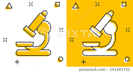 Vector cartoon microscope lab icon in comic style. Microscope sign illustration pictogram. Chemistry discovery business splash effect concept. Vector cartoon microscope lab icon in comic style. Microscope sign illustration pictogram. Chemistry discovery business splash effect concept. 141993742