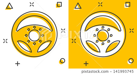 Vector cartoon steering wheel icon in comic style. Rudder wheel sign illustration pictogram. Steering business splash effect concept. 141993745