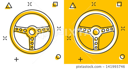 Vector cartoon steering wheel icon in comic style. Rudder wheel sign illustration pictogram. Steering business splash effect concept. Vector cartoon steering wheel icon in comic style. Rudder wheel sign illustration pictogram. Steering business splash effect concept. 141993746