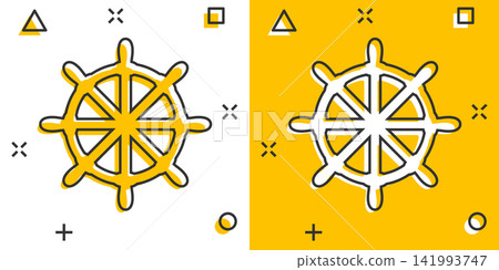 Vector cartoon steering wheel rudder icon in comic style. Rudder wheel sign illustration pictogram. Steering rudder business splash effect concept. Vector cartoon steering wheel rudder icon in comic style. Rudder wheel sign illustration pictogram. Steering rudder business splash effect concept. 141993747