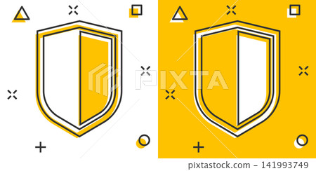 Vector cartoon shield protect icon in comic style. Defence sign illustration pictogram. Protection business splash effect concept. Vector cartoon shield protect icon in comic style. Defence sign illustration pictogram. Protection business splash effect concept. 141993749