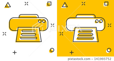 Vector cartoon printer icon in comic style. Document printing sign illustration pictogram. Printer business splash effect concept. 141993752