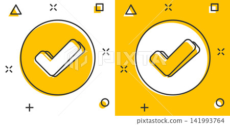 Check mark icon in comic style. Ok, accept vector cartoon illustration pictogram. Tick business concept splash effect. Check mark icon in comic style. Ok, accept vector cartoon illustration pictogram. Tick business concept splash effect. 141993764