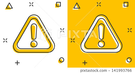 Exclamation mark icon in comic style. Danger alarm vector cartoon illustration pictogram. Caution risk business concept splash effect. Exclamation mark icon in comic style. Danger alarm vector cartoon illustration pictogram. Caution risk business concept splash effect. 141993766