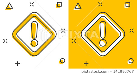 Exclamation mark icon in comic style. Danger alarm vector cartoon illustration pictogram. Caution risk business concept splash effect. Exclamation mark icon in comic style. Danger alarm vector cartoon illustration pictogram. Caution risk business concept splash effect. 141993767