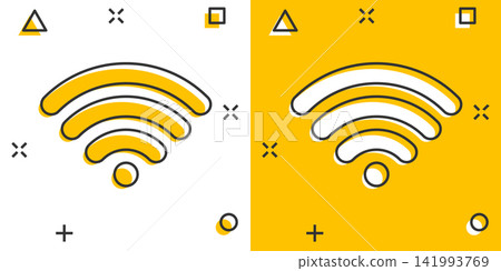 Wifi internet icon in comic style. Wi-fi wireless technology vector cartoon illustration pictogram. Network wifi business concept splash effect. Wifi internet icon in comic style. Wi-fi wireless technology vector cartoon illustration pictogram. Network wifi business concept splash effect. 141993769