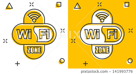 Wifi zone icon in comic style. Wi-fi wireless technology vector cartoon illustration pictogram. Network wifi business concept splash effect. Wifi zone icon in comic style. Wi-fi wireless technology vector cartoon illustration pictogram. Network wifi business concept splash effect. 141993776