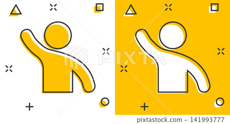 People greeting with hand up icon in comic style. Person gesture vector cartoon illustration pictogram. People leader business concept splash effect. People greeting with hand up icon in comic style. Person gesture vector cartoon illustration pictogram. People leader business concept splash effect. 141993777