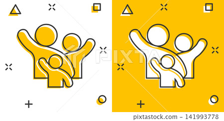 Family greeting with hand up icon in comic style. Person gesture vector cartoon illustration pictogram. People leader business concept splash effect. Family greeting with hand up icon in comic style. Person gesture vector cartoon illustration pictogram. People leader business concept splash effect. 141993778