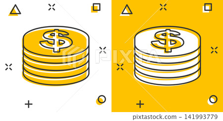 Coins stack icon in comic style. Dollar coin vector cartoon illustration pictogram. Money stacked business concept splash effect. 141993779