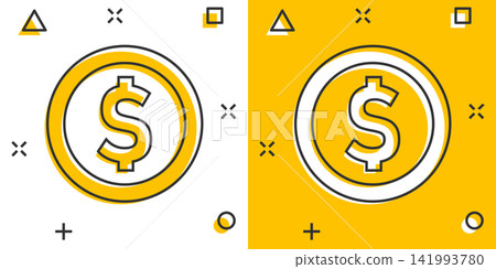 Coins stack icon in comic style. Dollar coin vector cartoon illustration pictogram. Money stacked business concept splash effect. Coins stack icon in comic style. Dollar coin vector cartoon illustration pictogram. Money stacked business concept splash effect. 141993780
