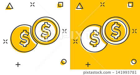 Coins stack icon in comic style. Dollar coin vector cartoon illustration pictogram. Money stacked business concept splash effect. Coins stack icon in comic style. Dollar coin vector cartoon illustration pictogram. Money stacked business concept splash effect. 141993781