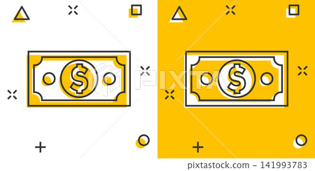 Dollar currency banknote icon in comic style. Dollar cash vector cartoon illustration pictogram. Banknote bill business concept splash effect. 141993783