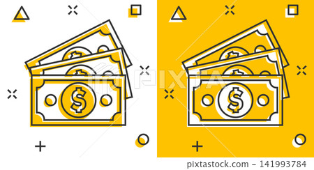 Dollar currency banknote icon in comic style. Dollar cash vector cartoon illustration pictogram. Banknote bill business concept splash effect. 141993784