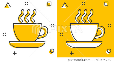 Coffee, tea cup icon in comic style. Coffee mug vector cartoon illustration pictogram. Drink business concept splash effect. Coffee, tea cup icon in comic style. Coffee mug vector cartoon illustration pictogram. Drink business concept splash effect. 141993789