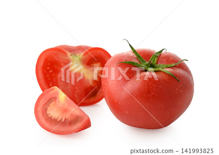 Fresh Whole and Sliced Red Tomatoes with Water Droplets Fresh Whole and Sliced Red Tomatoes with Water Droplets 141993825