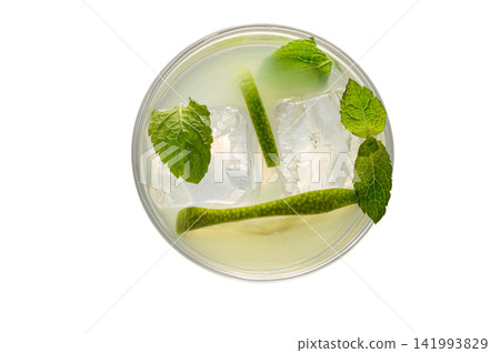Top-down view of a refreshing mojito cocktail with ice, mint, and lime isolated on white Top-down view of a refreshing mojito cocktail with ice, mint, and lime isolated on white 141993829