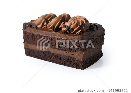Delicious chocolate cake with rich frosting and chocolate shavings captures the essence of sweet indulgence Delicious chocolate cake with rich frosting and chocolate shavings captures the essence of sweet indulgence 141993831