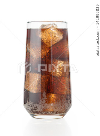 Tall glass of cold carbonated soda with ice cubes isolated Tall glass of cold carbonated soda with ice cubes isolated 141993839