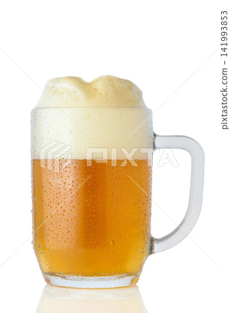 Glass mug of cold beer with thick foam and condensation isolated on white Glass mug of cold beer with thick foam and condensation isolated on white 141993853
