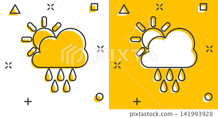 Vector cartoon weather forecast icon in comic style. Sun with clouds concept illustration pictogram. Cloud with rain business splash effect concept. Vector cartoon weather forecast icon in comic style. Sun with clouds concept illustration pictogram. Cloud with rain business splash effect concept. 141993928