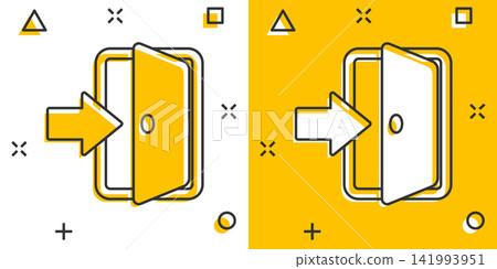 Vector cartoon entrance door icon in comic style. Exit doors concept illustration pictogram. Doorway entrance business splash effect concept. Vector cartoon entrance door icon in comic style. Exit doors concept illustration pictogram. Doorway entrance business splash effect concept. 141993951