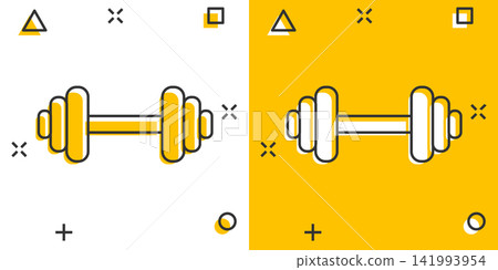 Vector cartoon dumbbell fitness gym icon in comic style. Barbell concept illustration pictogram. Bodybuilding sport business splash effect concept. 141993954