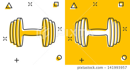 Vector cartoon dumbbell fitness gym icon in comic style. Barbell concept illustration pictogram. Bodybuilding sport business splash effect concept. Vector cartoon dumbbell fitness gym icon in comic style. Barbell concept illustration pictogram. Bodybuilding sport business splash effect concept. 141993957