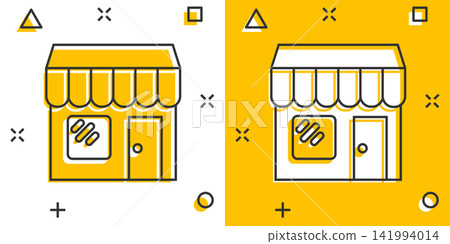 Vector cartoon store market icon in comic style. Shop building sign illustration pictogram. Mall business splash effect concept. Vector cartoon store market icon in comic style. Shop building sign illustration pictogram. Mall business splash effect concept. 141994014