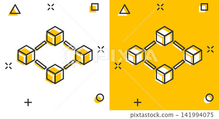 Vector cartoon blockchain technology icon in comic style. Cryptography cube block concept illustration pictogram. Blockchain algorithm business splash effect concept. 141994075
