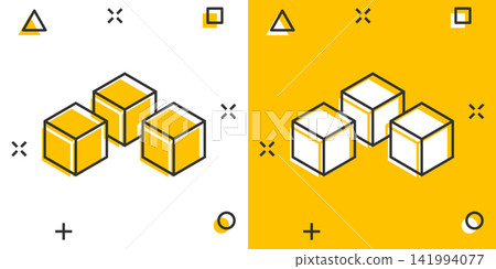 Vector cartoon blockchain technology icon in comic style. Cryptography cube block concept illustration pictogram. Blockchain algorithm business splash effect concept. 141994077