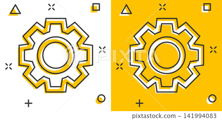 Vector cartoon gear icon in comic style. Cog wheel concept illustration pictogram. Gearwheel cogwheel business splash effect concept. 141994083